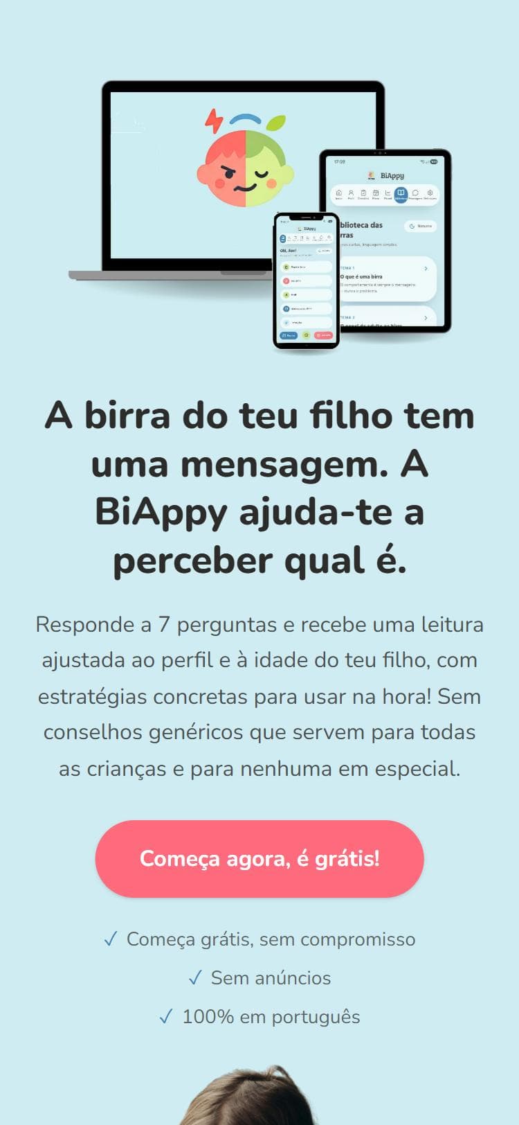 Parenting app landing page on mobile